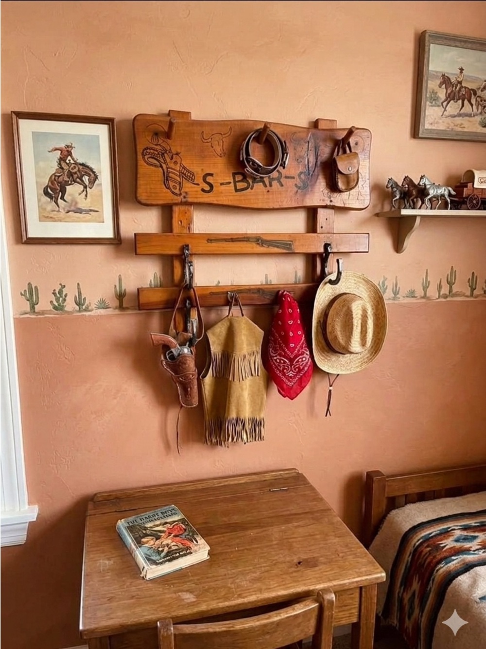 Western farmhouse style wooden clothing, rack, kids room
